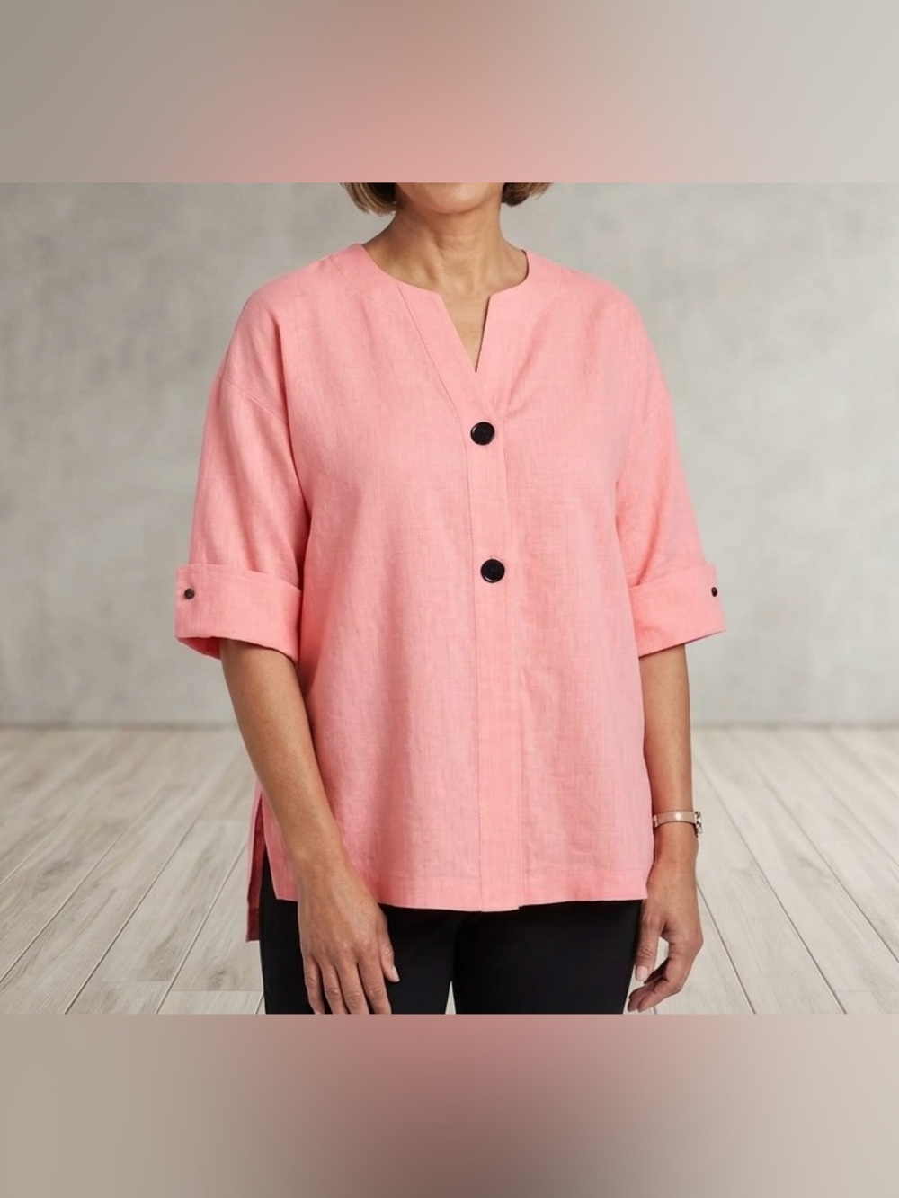 Ming Wang Pink Linen Cotton Blouse Oversized Dolman Poplin Top Size XL Coastal